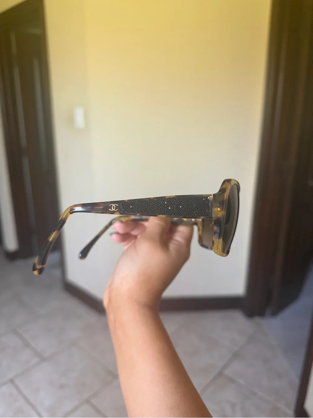 CHANEL Tortoise Shell Sunglasses with Black Crystal-Studded Temples